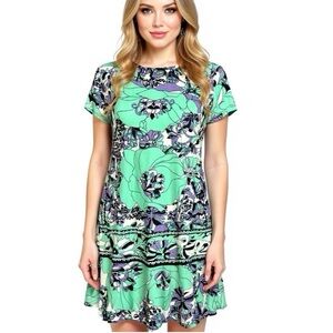 DONNA MORGAN Women’s Size 4 Floral Dress Short Sleeve Mini Ruffle Hem Green